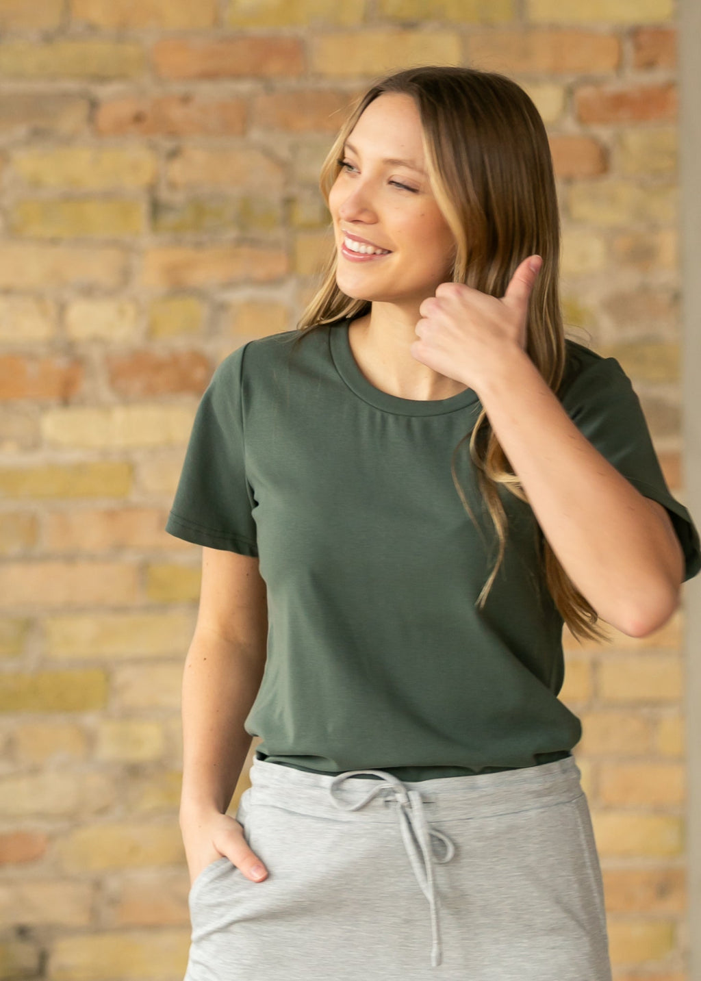 Inherit Co. Essential Olive Flutter Sleeve Top — side view