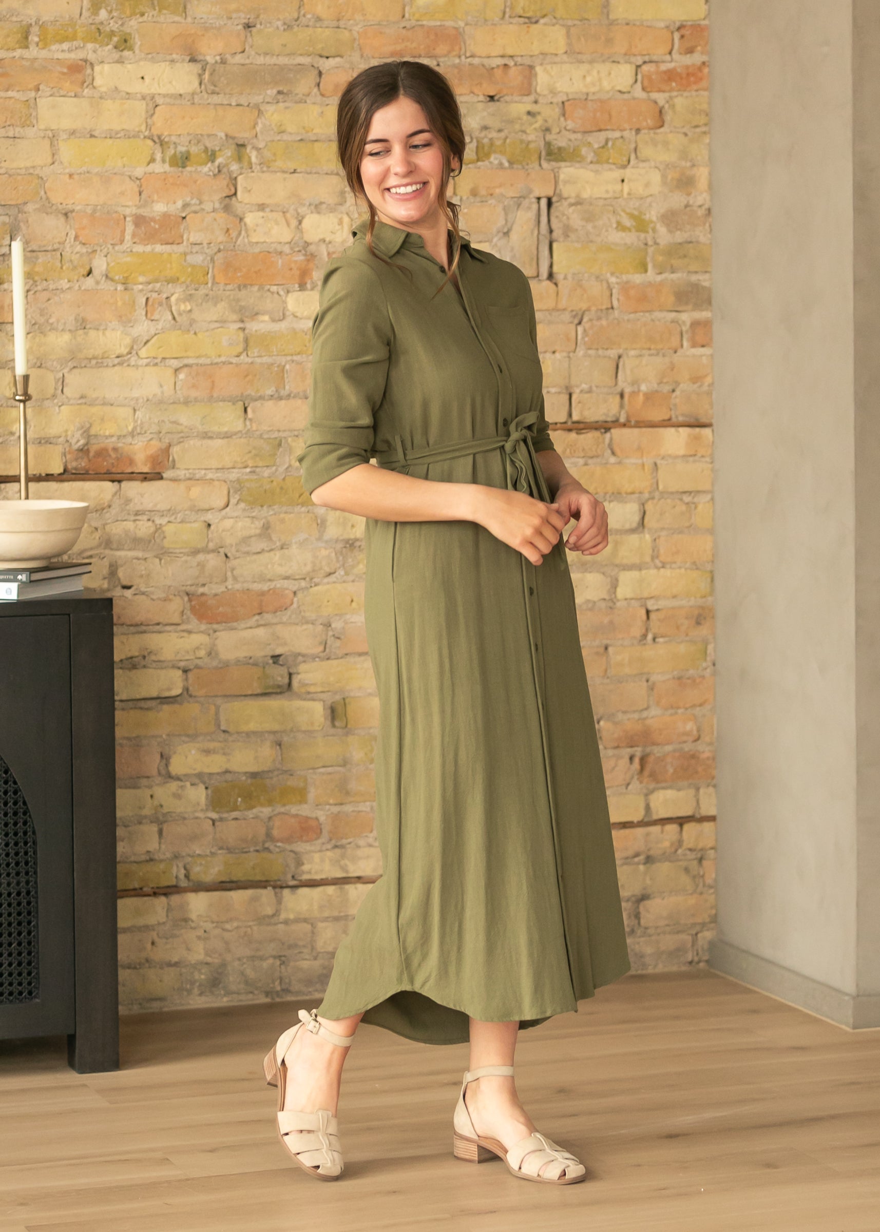 Inherit Co. Essential Olive Long Sleeve Linen Shirt Dress — detail close-up