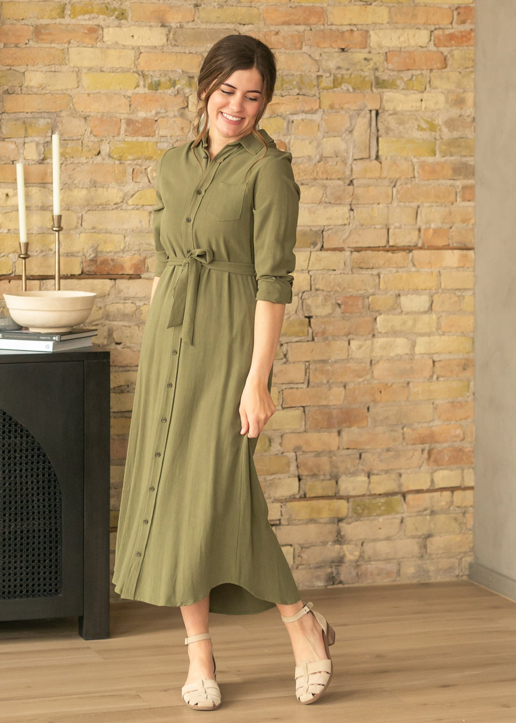 Inherit Co. Essential Olive Long Sleeve Linen Shirt Dress — main product shot