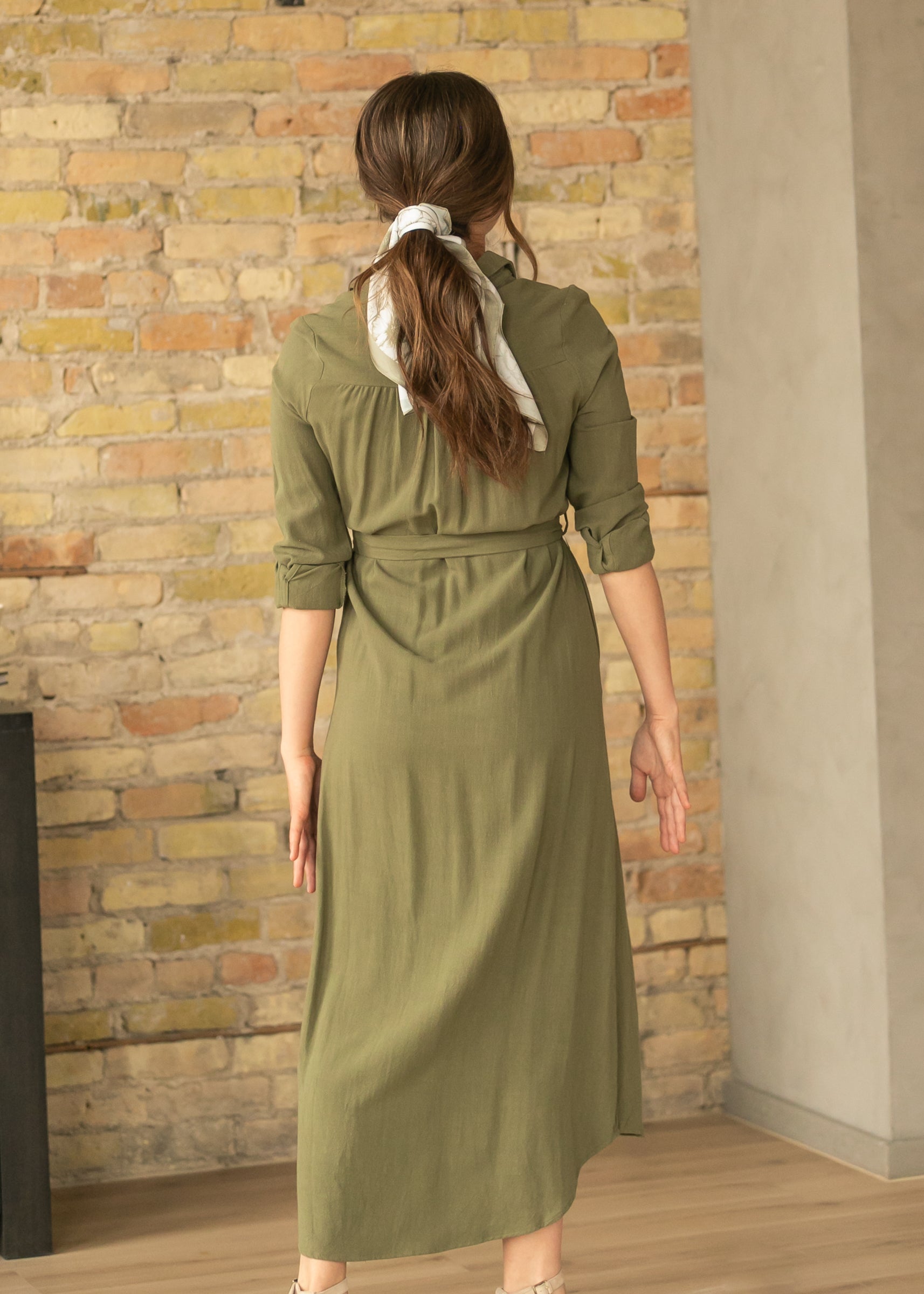 Inherit Co. Essential Olive Long Sleeve Linen Shirt Dress — side view