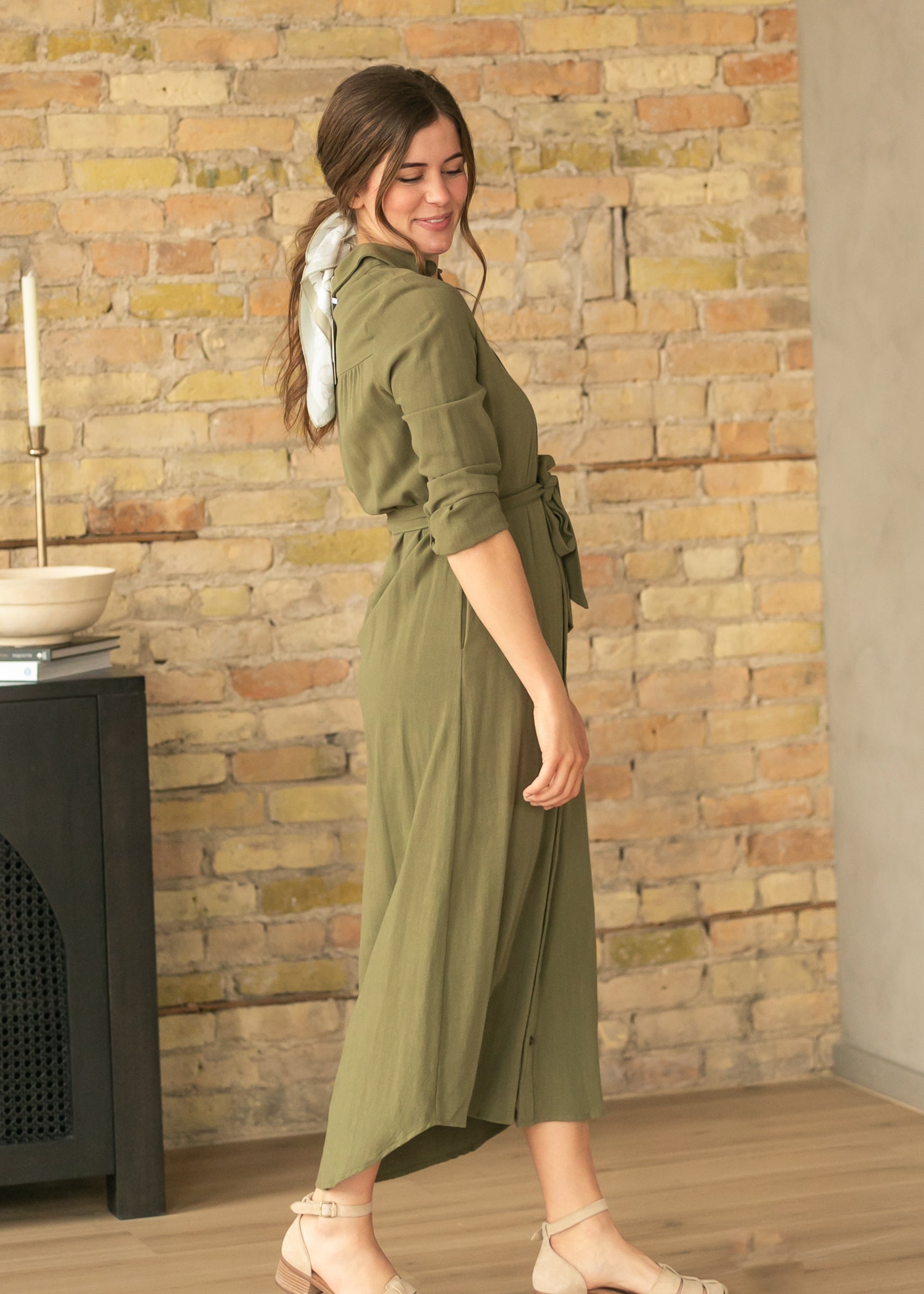 Inherit Co. Essential Olive Long Sleeve Linen Shirt Dress — lifestyle context
