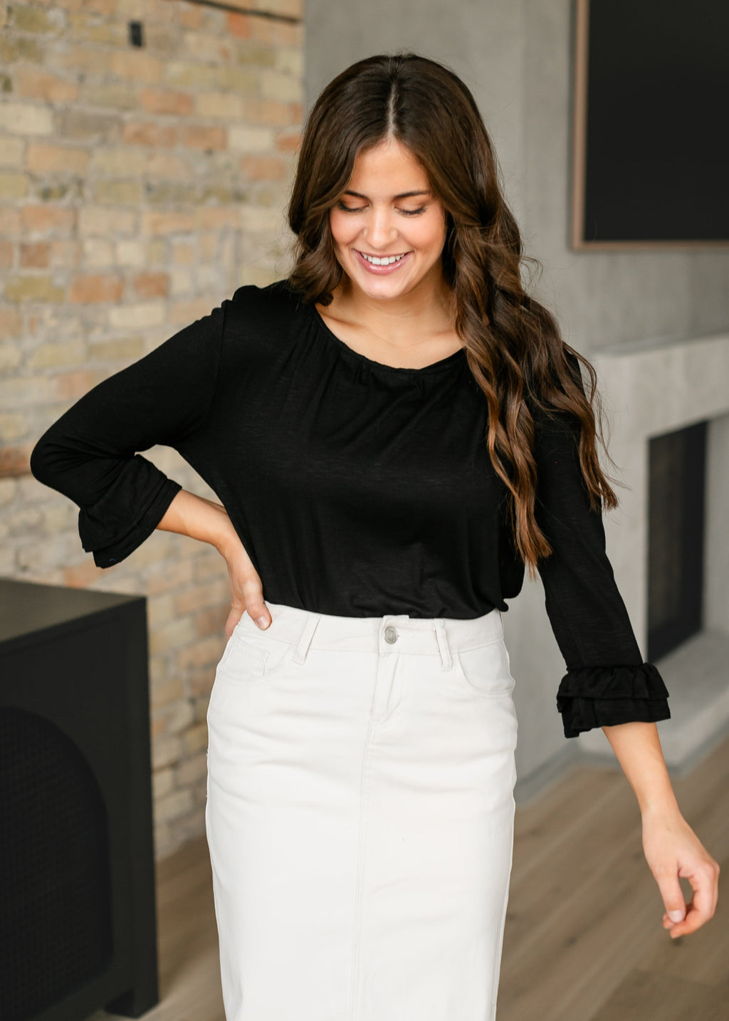 Inherit Co. Essential Black Ruffled 3/4 Sleeve Top — side view