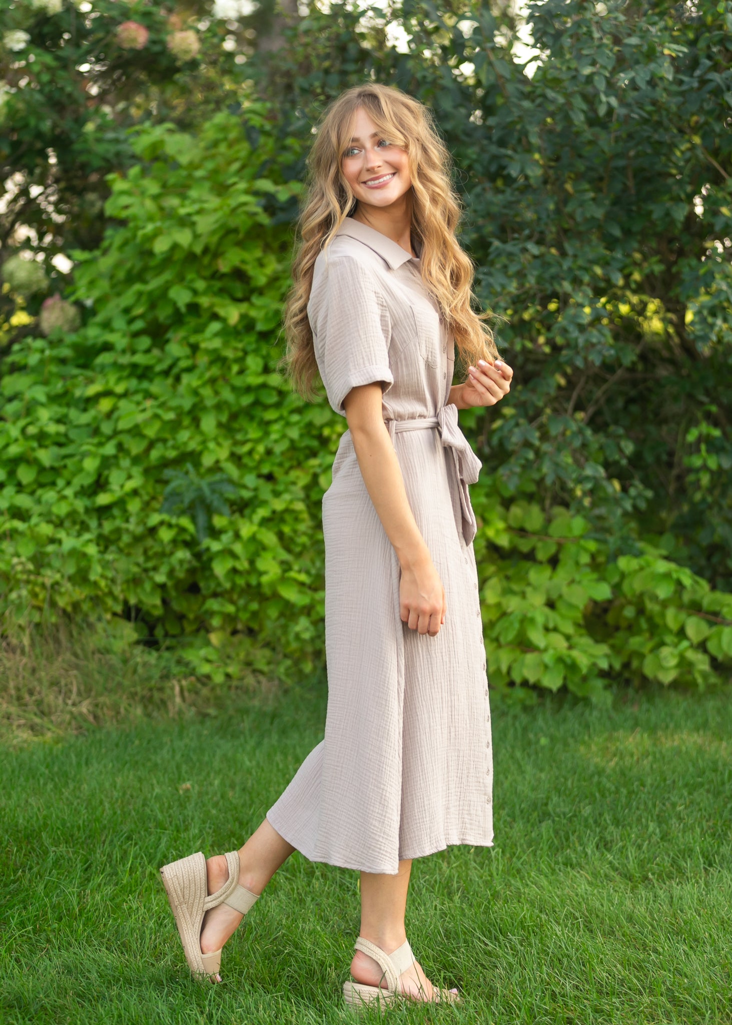Inherit Co. Essential Taupe Short Sleeve Gauze Shirt Dress — in-use photo