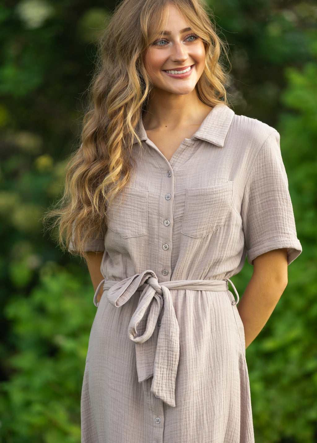 Inherit Co. Essential Taupe Short Sleeve Gauze Shirt Dress — alternative angle