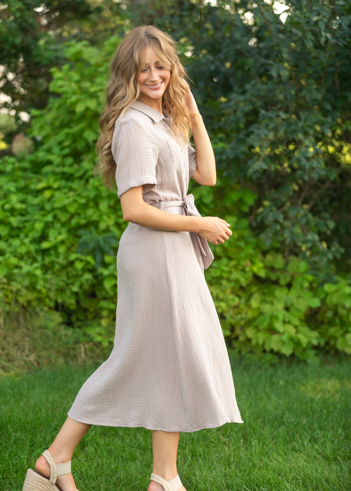 Inherit Co. Essential Taupe Short Sleeve Gauze Shirt Dress — side view