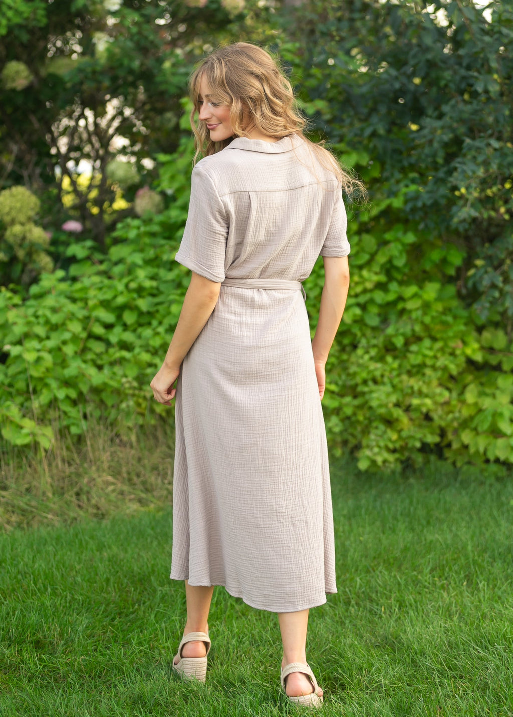 Inherit Co. Essential Taupe Short Sleeve Gauze Shirt Dress — lifestyle context