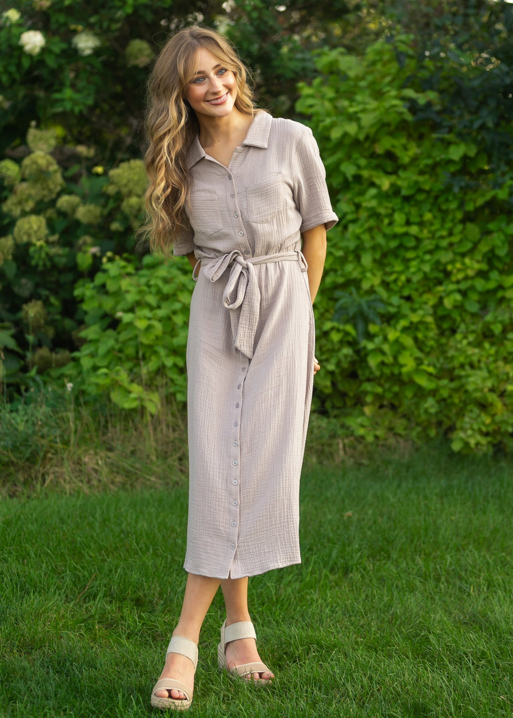 Inherit Co. Essential Taupe Short Sleeve Gauze Shirt Dress — detail close-up