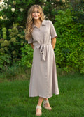 Inherit Co. Essential Taupe Short Sleeve Gauze Shirt Dress — back view