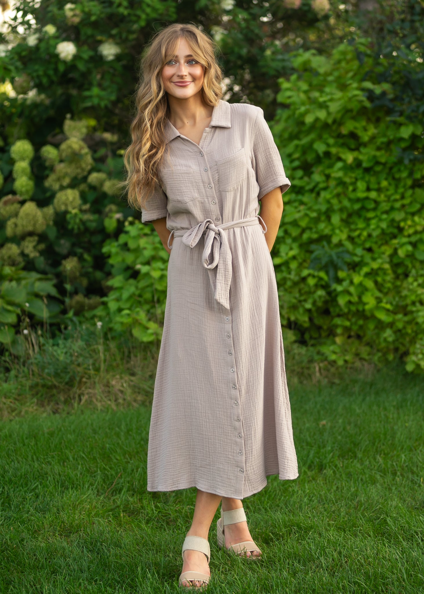 Inherit Co. Essential Taupe Short Sleeve Gauze Shirt Dress — back view