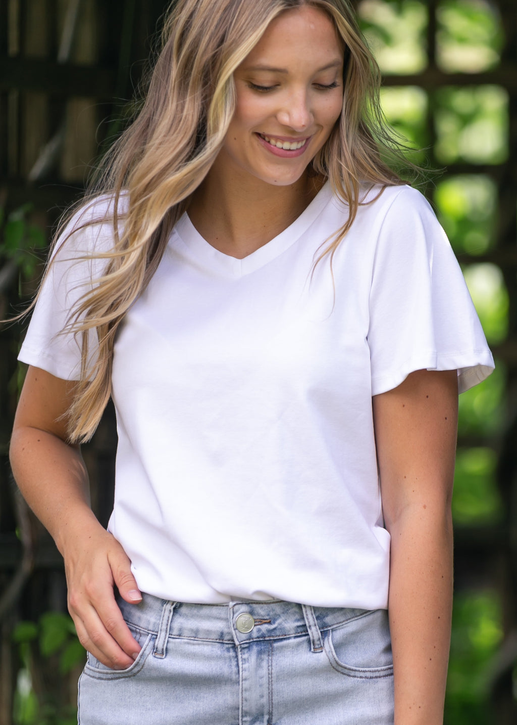 Inherit Co. Essential V-neck Flutter Sleeve Top — size reference