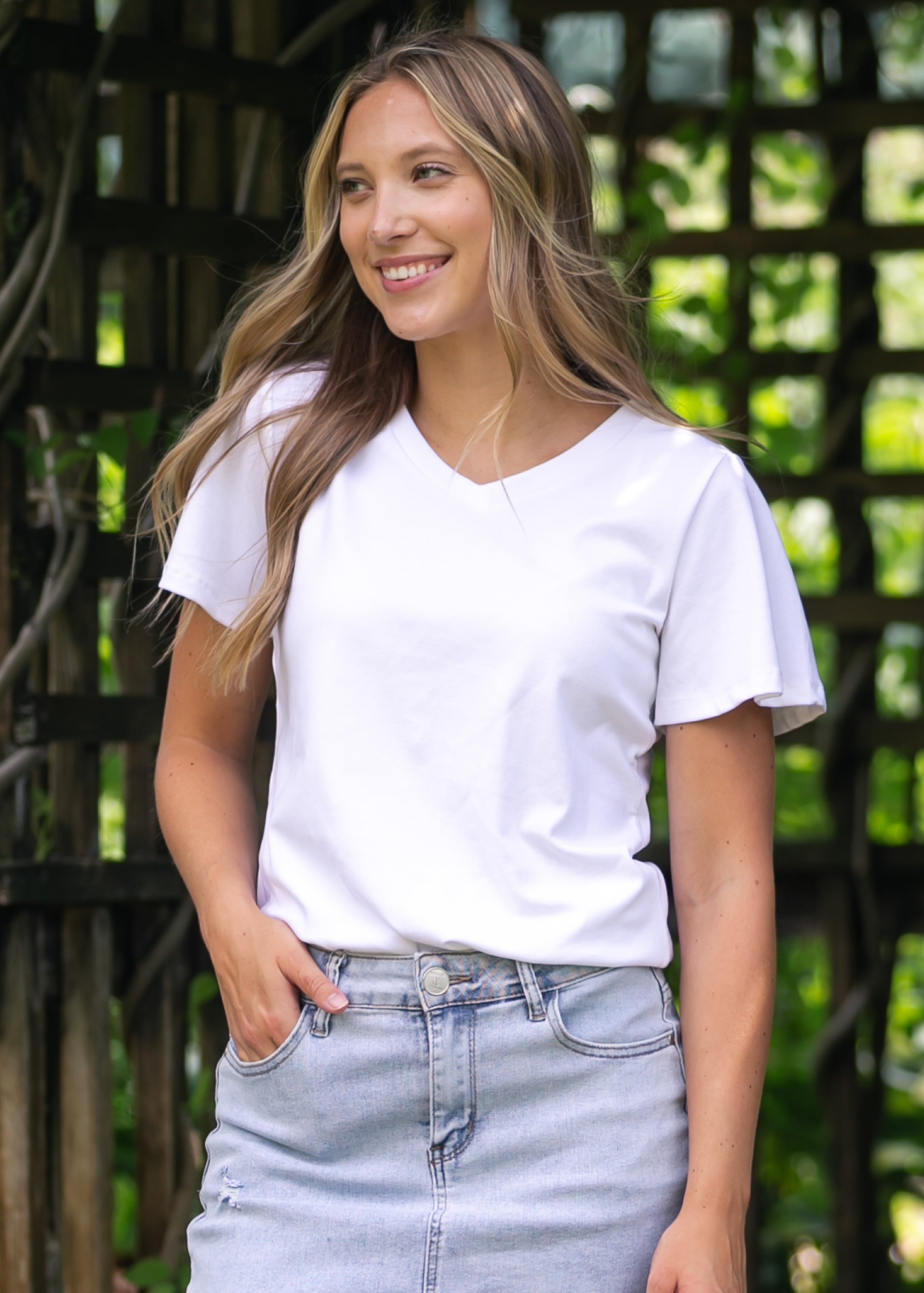 Inherit Co. Essential V-neck Flutter Sleeve Top — in-use photo