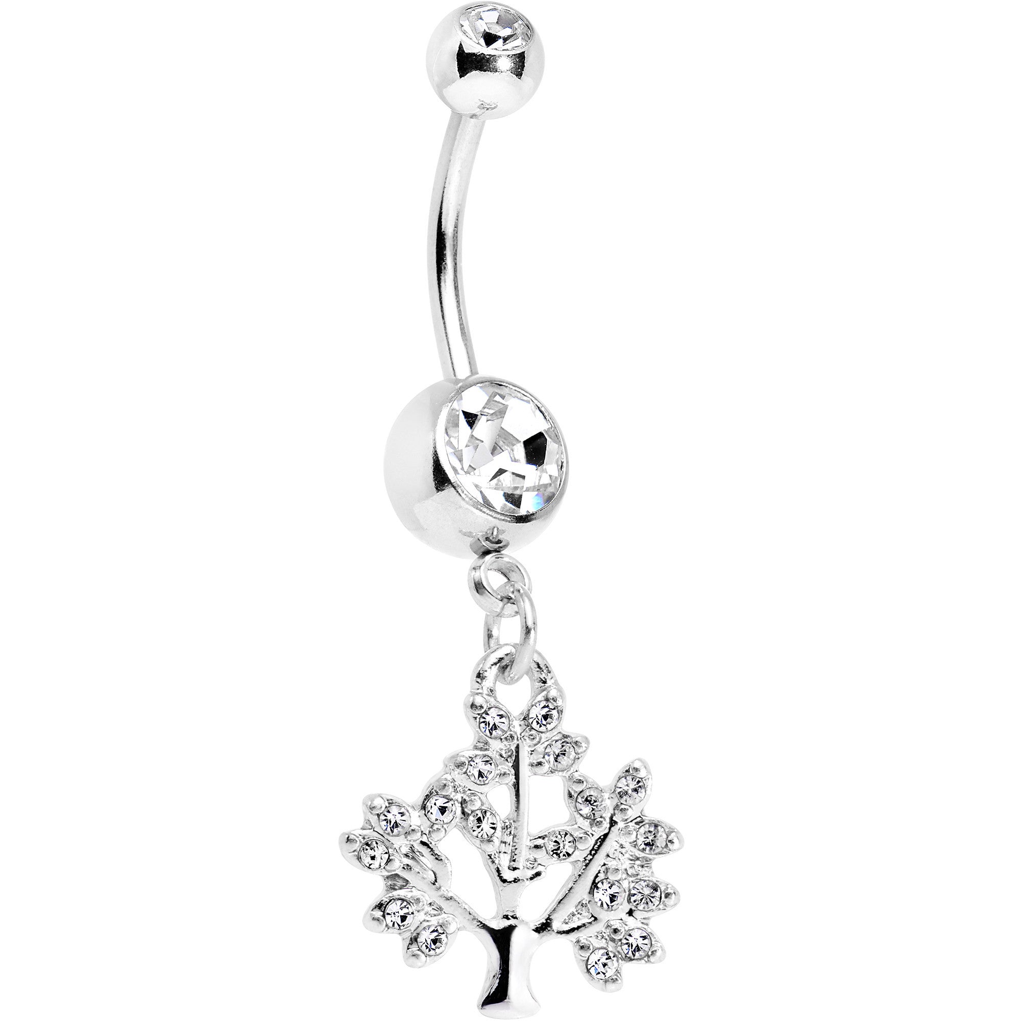 BodyCandy Clear Gem Steel Tree of Life Dangle Belly Ring — main product shot
