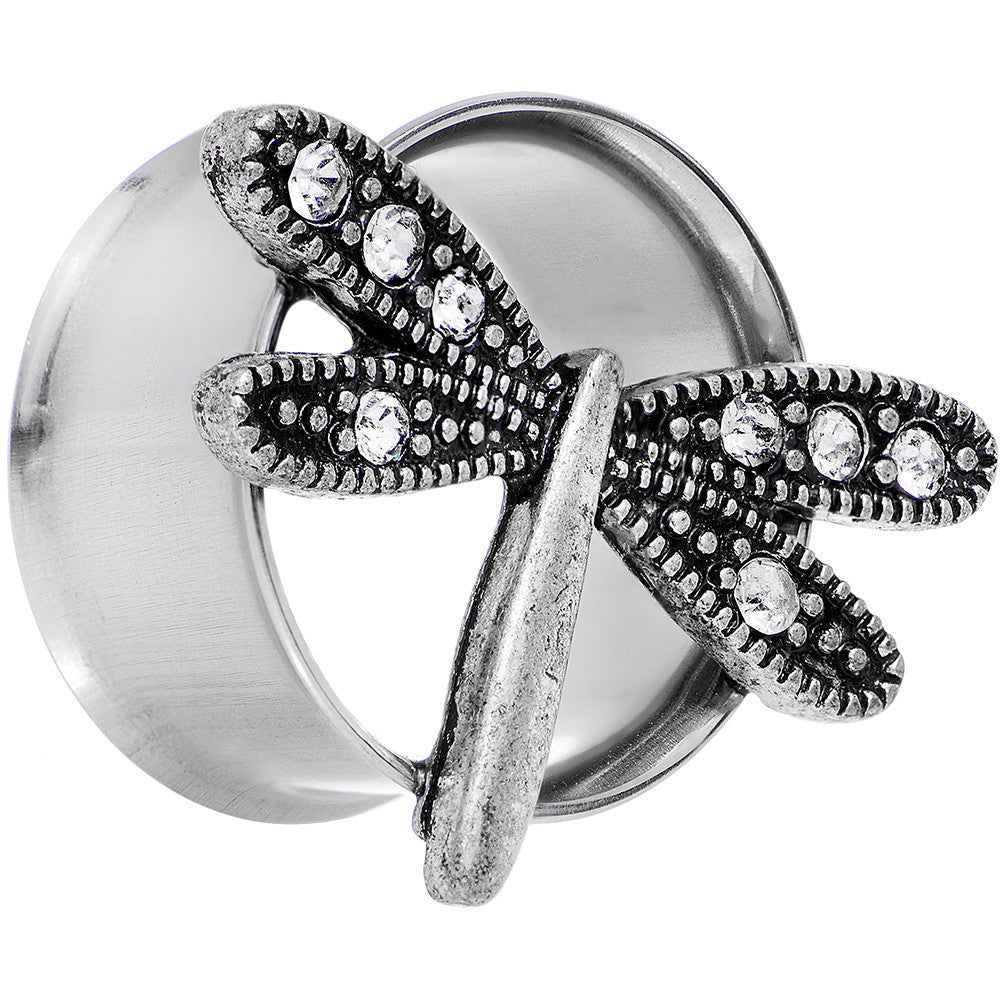 BodyCandy 20mm Clear Gem Steel Hi Sky Dragonfly Double Flare Tunnel Plug Set — detail close-up