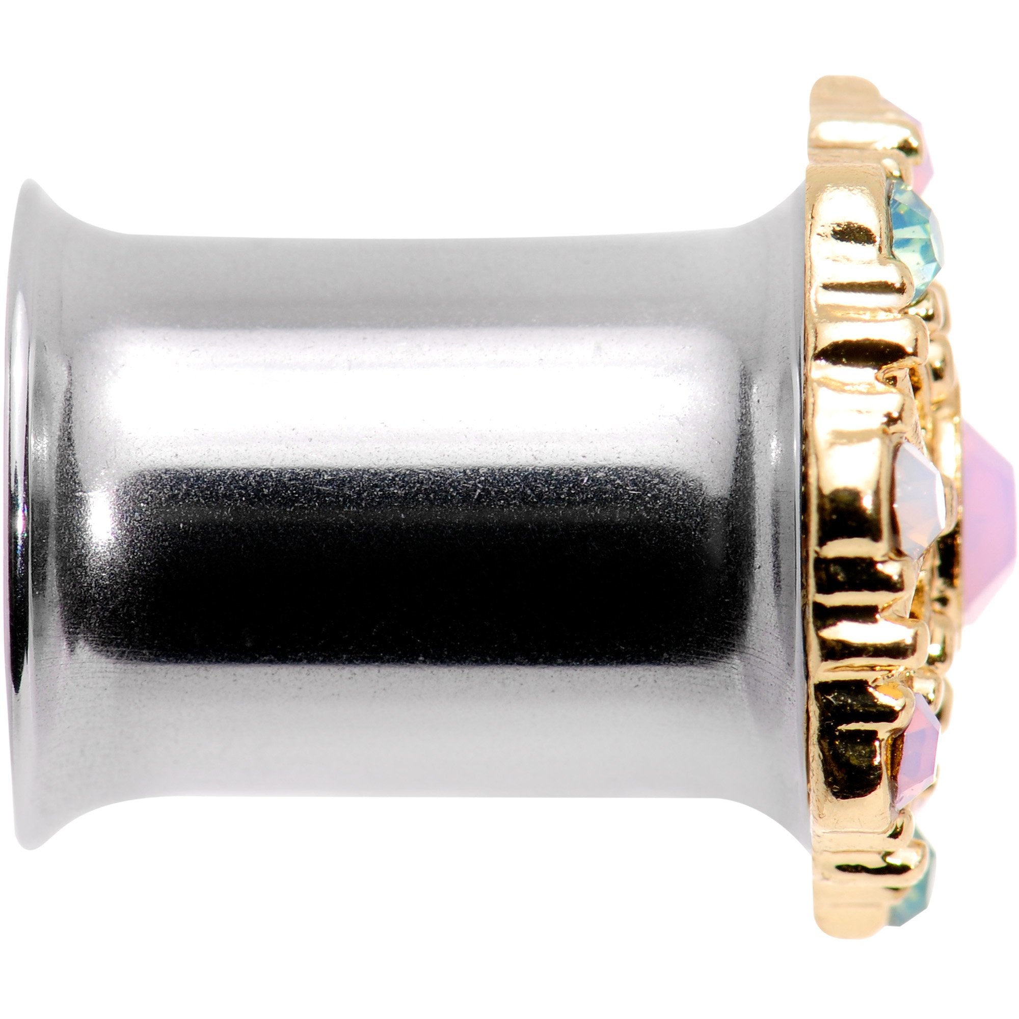 BodyCandy Pink Green White Gem Glam Flower Double Flare Tunnel Plug Set — side view