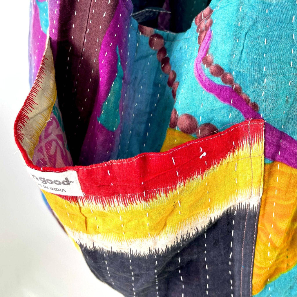 Darn Good Yarn Exotic Voyage Oversized Kantha Bag — Darn Good Yarn branding close-up