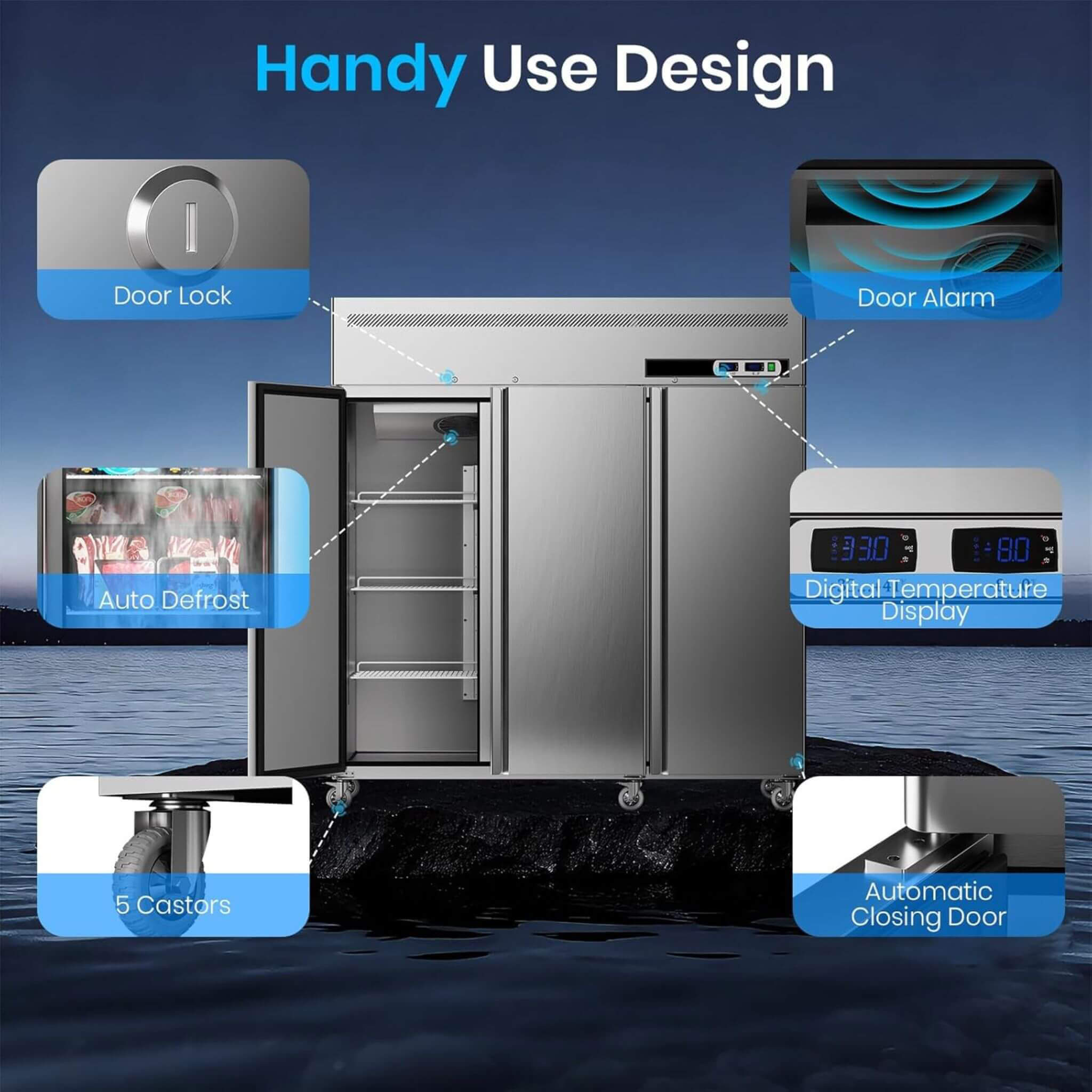 Extra-Large 72-Inch 54 Cu.Ft Commercial 3-Door Upright Reach-In Freezer Refrigerator Combo With Wheels (SAK68325) – SAKSBY WH