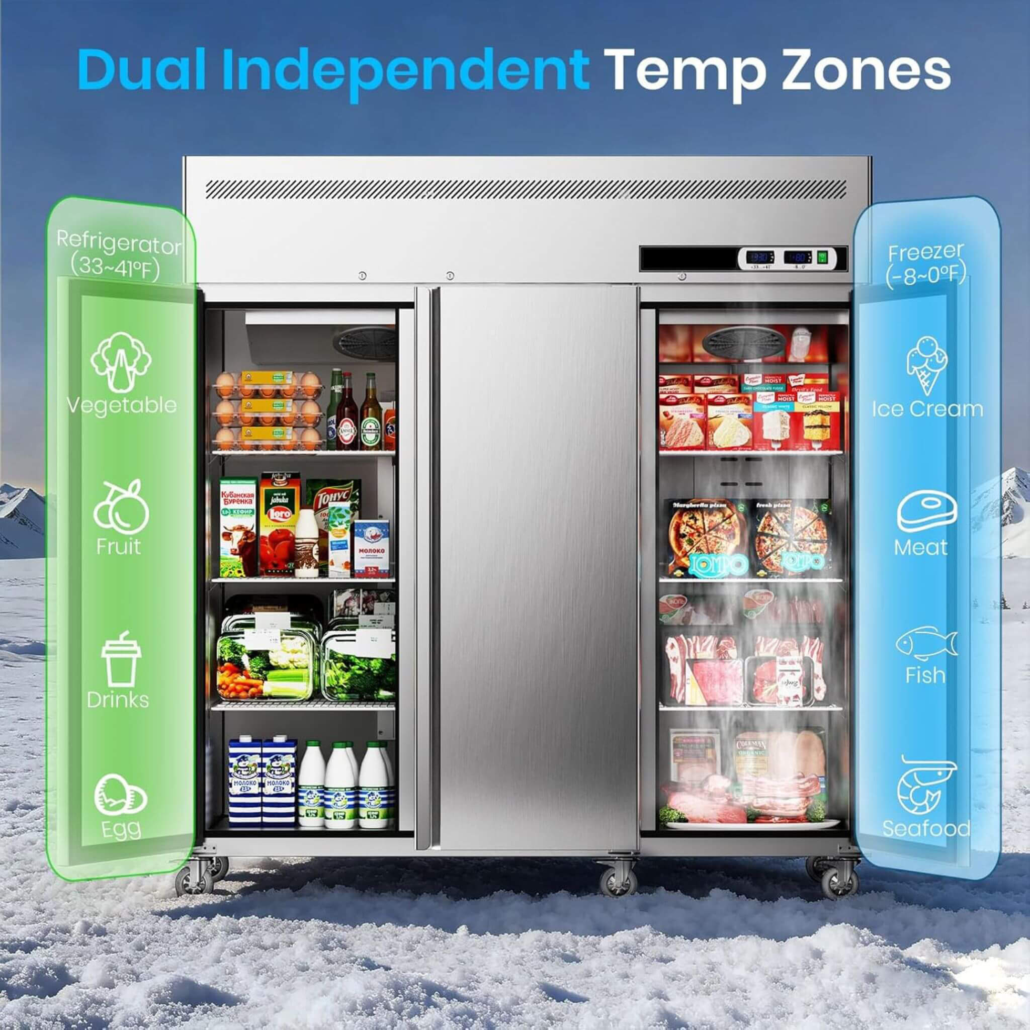 Extra-Large 72-Inch 54 Cu.Ft Commercial 3-Door Upright Reach-In Freezer Refrigerator Combo With Wheels (SAK68325) – SAKSBY WH