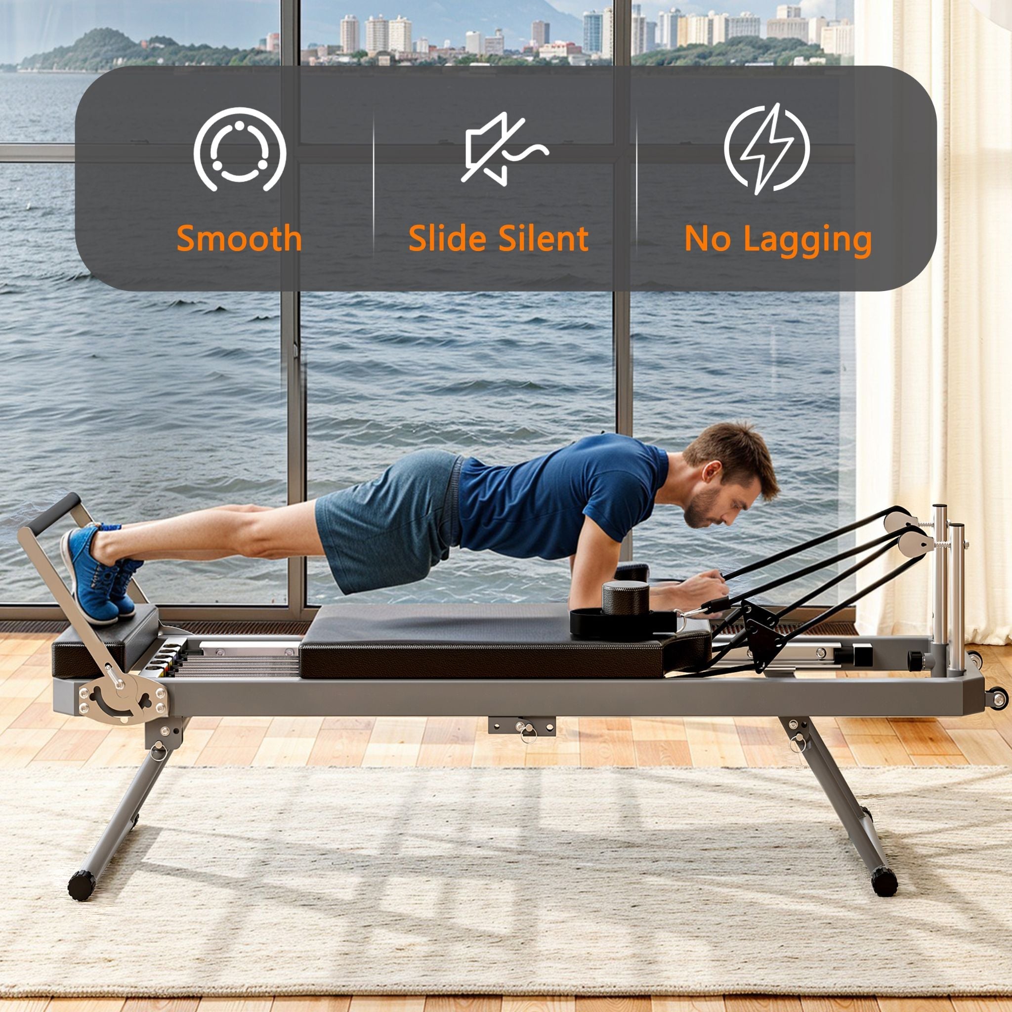 Core Pilates Extra-Large Multi-Functional Pilates Reformer Machine With Dynamic Resistance Cords And Aerobic Rebounder, Black