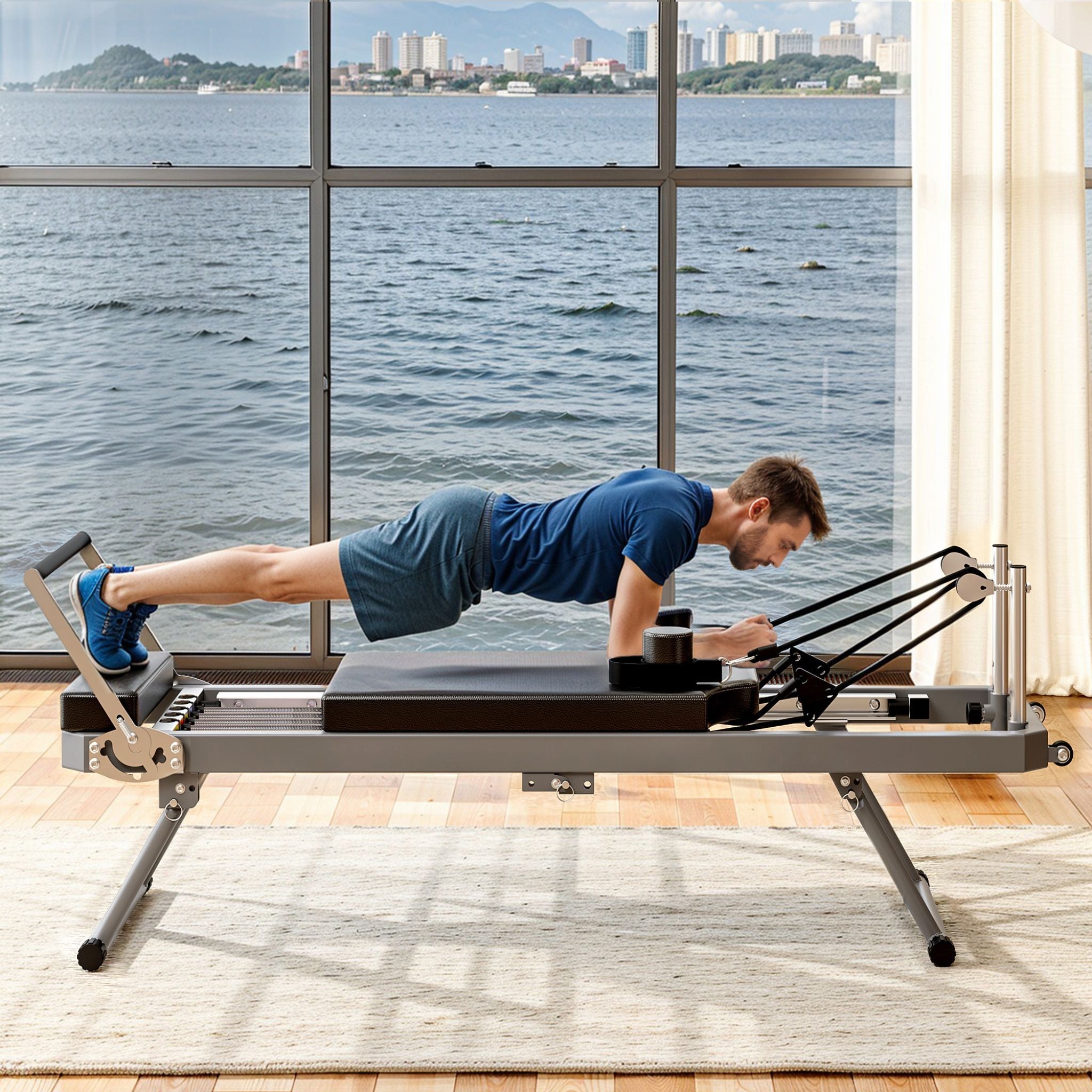 Core Pilates Extra-Large Multi-Functional Pilates Reformer Machine With Dynamic Resistance Cords And Aerobic Rebounder, Black