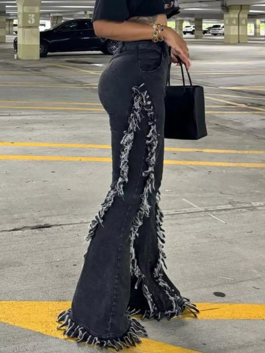 Frayed Trim High Waist Flare Jeans