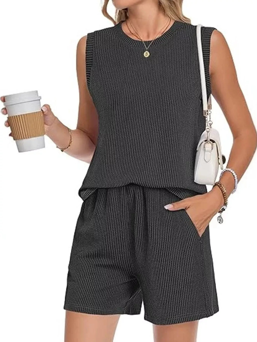 Casual Ribbed Knit Sleeveless Top and Shorts Set