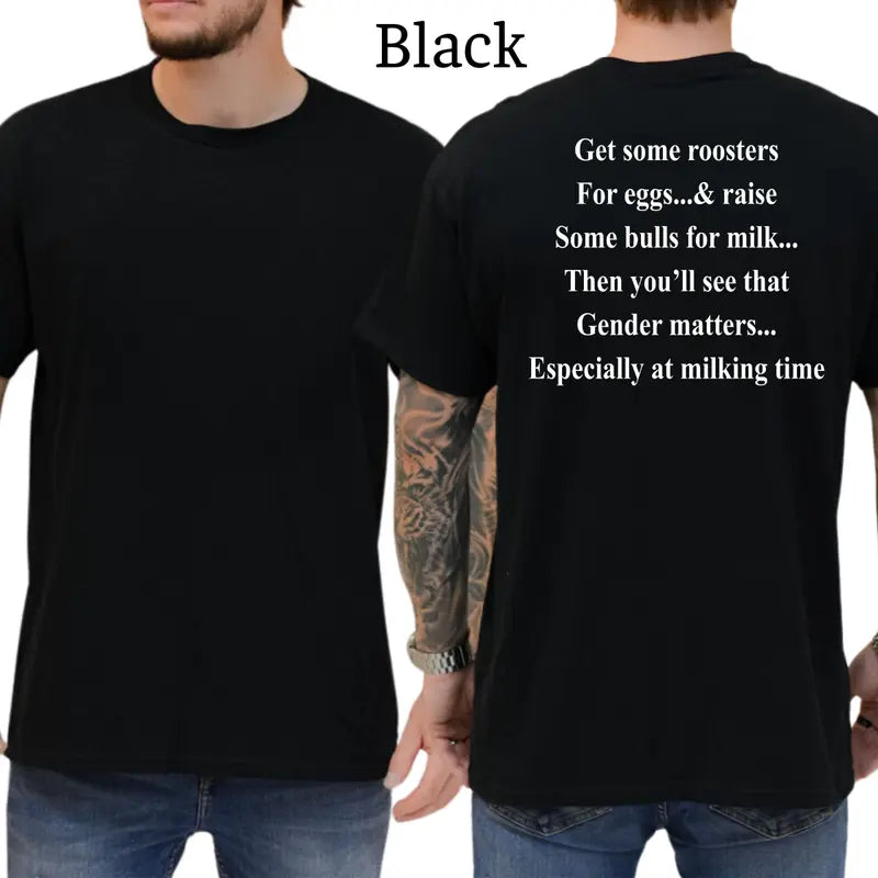 "Get Roosters and Bull to See Gender" Funny T-Shirt – Sarcastic Farmyard Humor Men's Unisex Graphic Tee