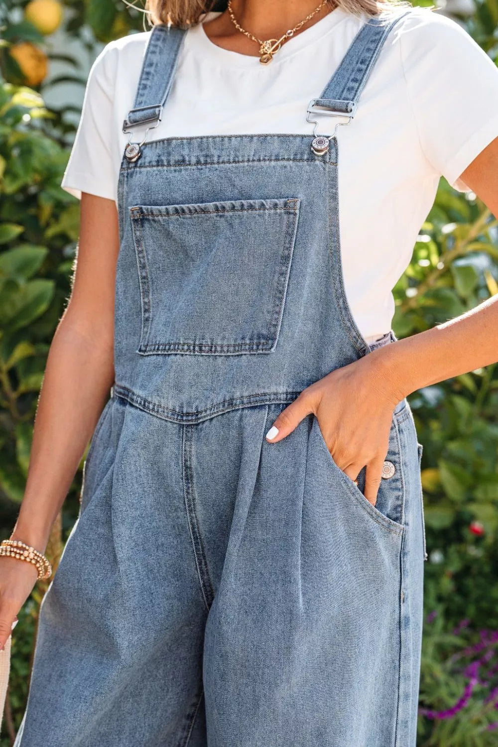 Pleated Wide Leg Retro Pocketed Denim Jumpsuit