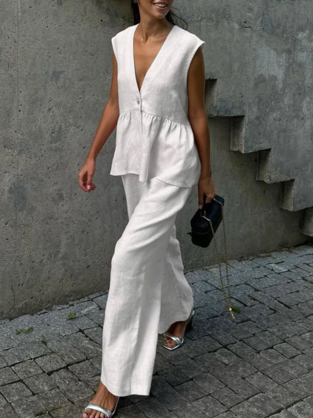 One Button Sleeveless Top and Wide-Leg Pants Set