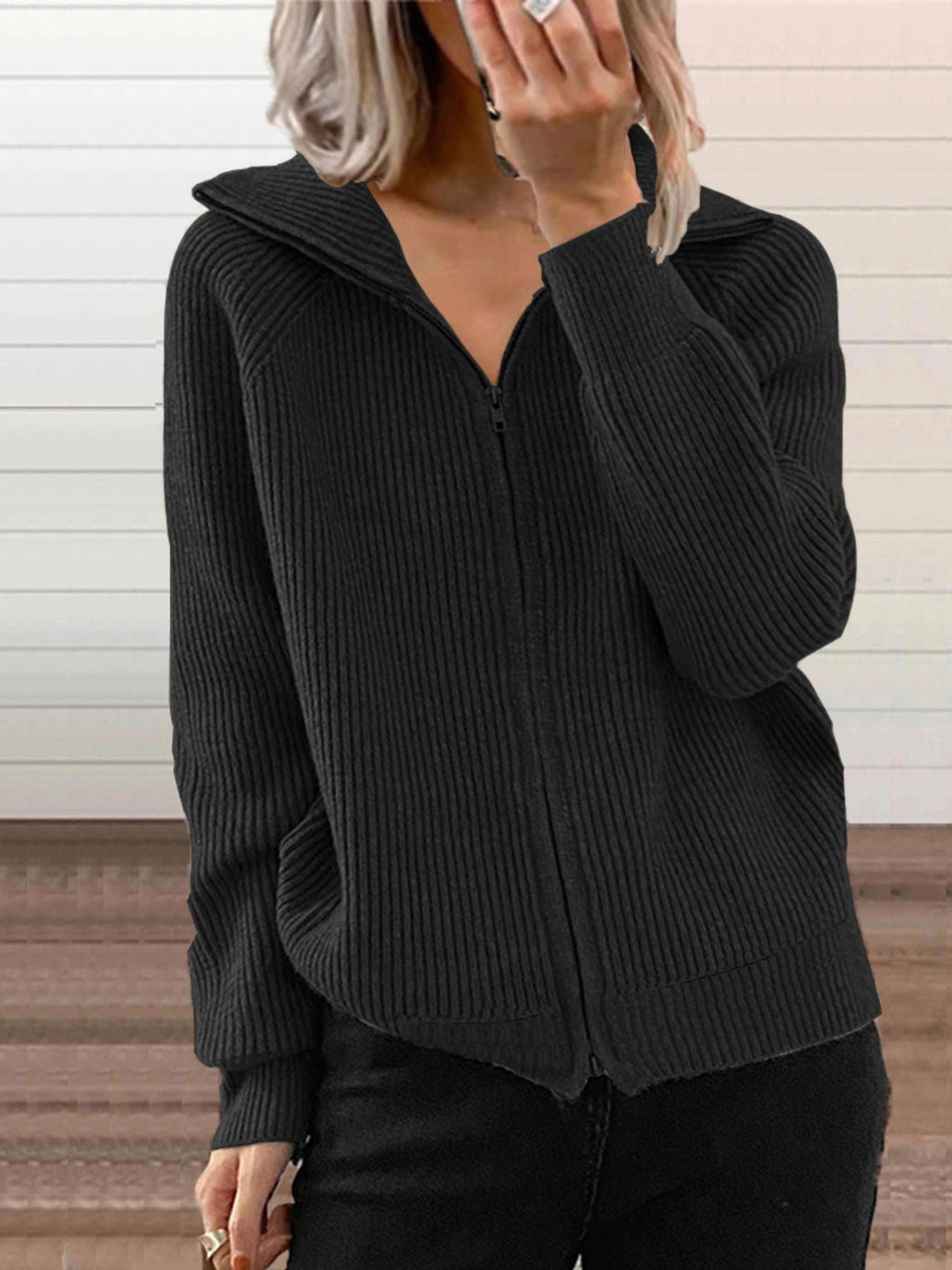 Full Size Ribbed Knit Zip-Up Outerwear Plus Size