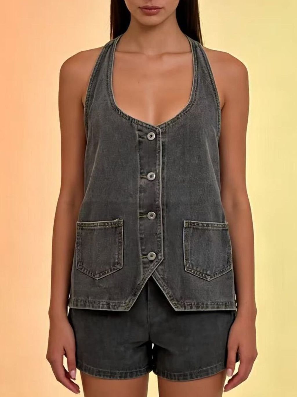 Halter Neck Button-Down Denim Vest