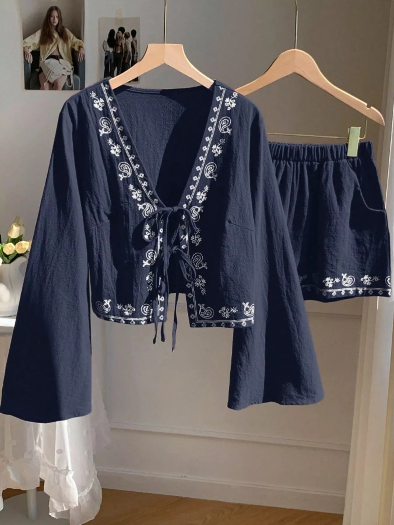Embroidered Tie-Front Top & Shorts Set
