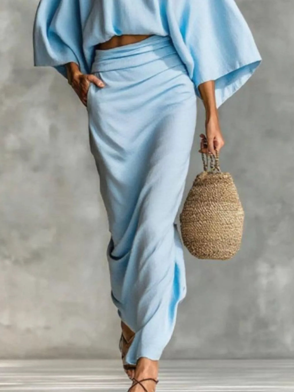 Full Size Kimono Sleeve Top and Ruched Skirt Set Plus Size