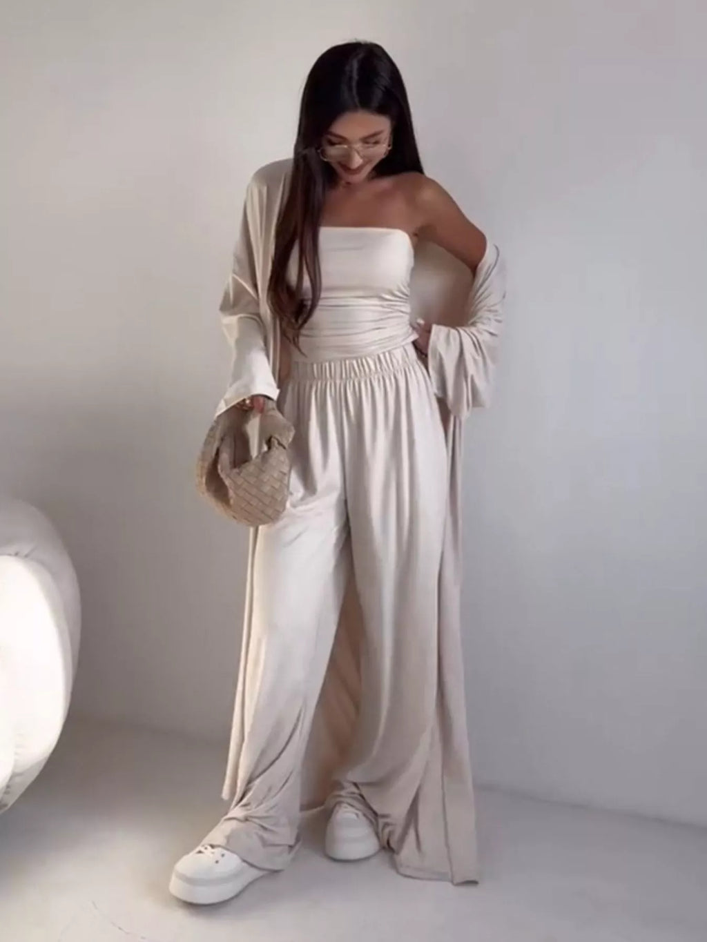 Tube Top & Cardigan & Wide Leg Pants 3-Piece Set