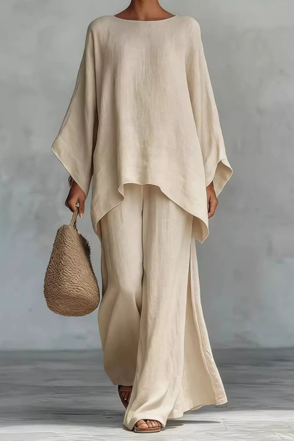 Solid Color Long Sleeve Top and Wide Leg Pants Set