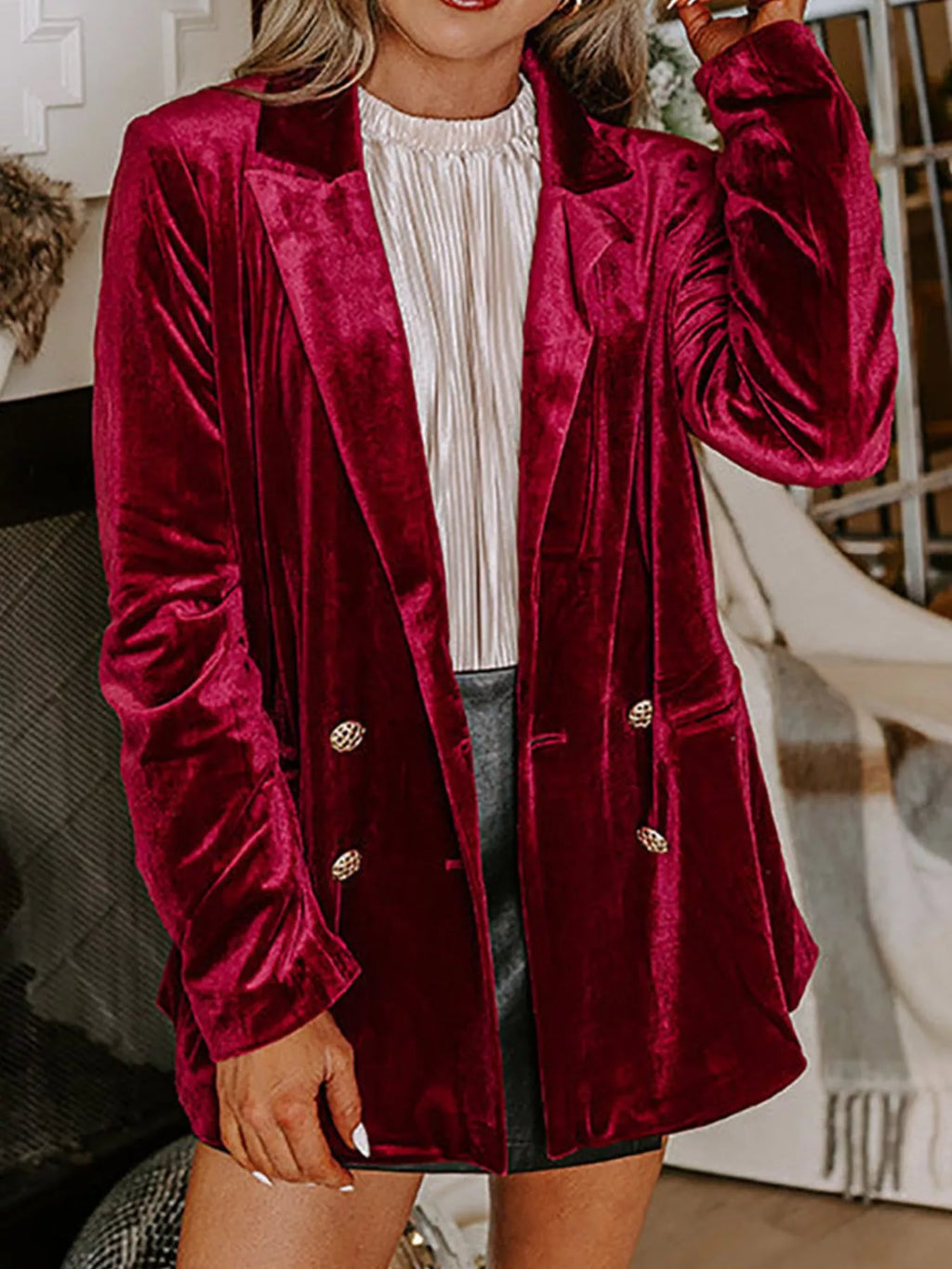 Velvet Lapel Collar Button Up Blazer