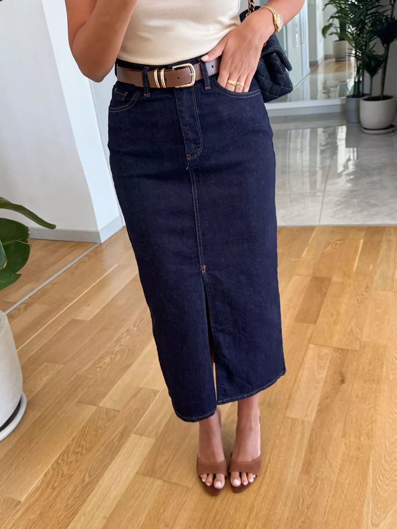 Slit Front Denim Skirt