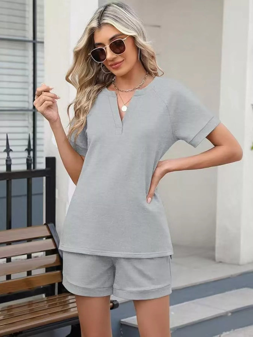 Solid Color Short Sleeve Top and Shorts Two-Piece Set