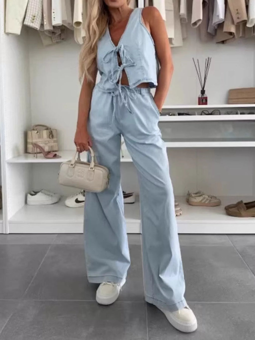 Tie Front Vest and Jeans Denim Set