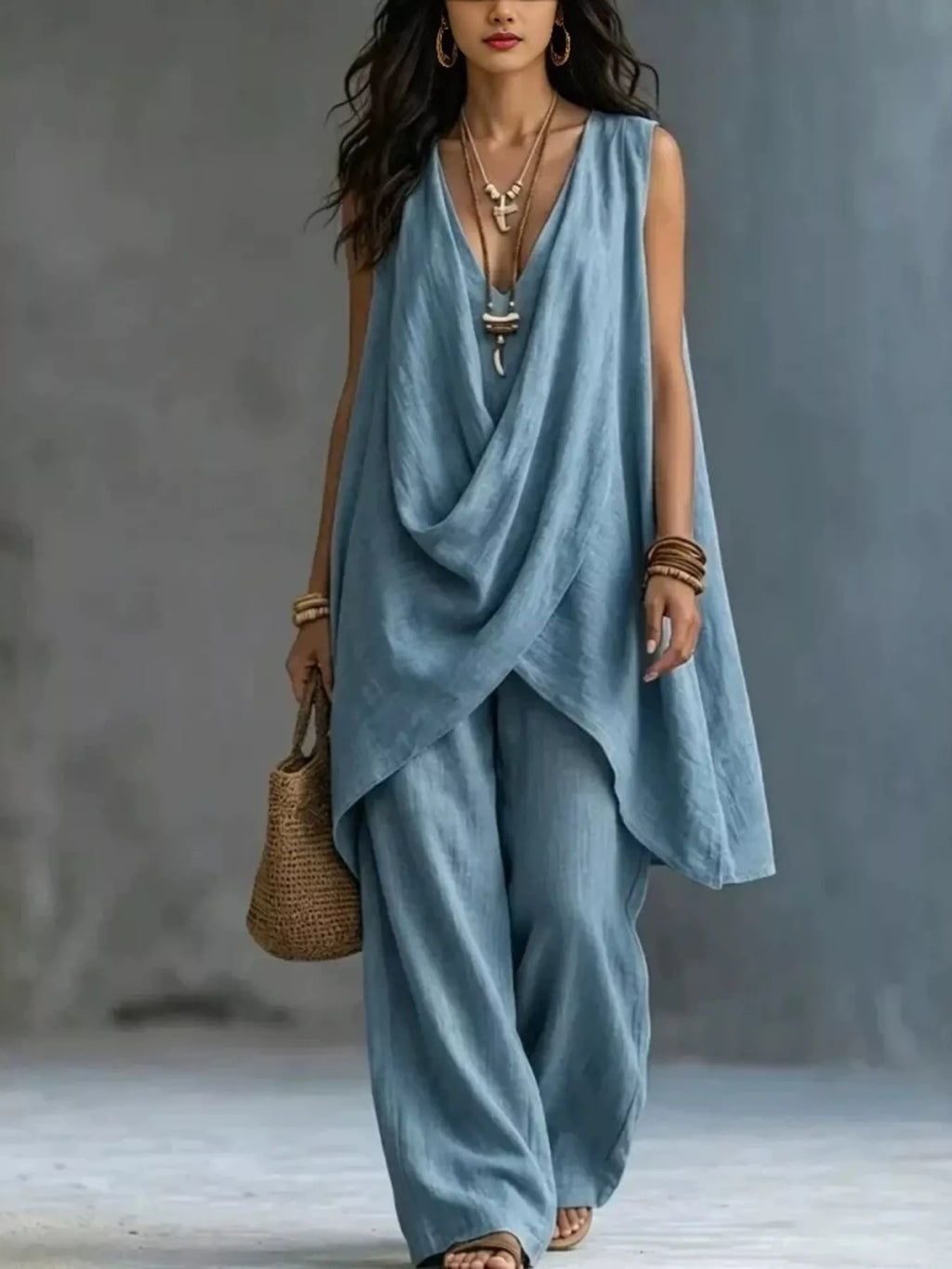 Sleeveless Asymmetrical Top and Wide-Leg Pants Set