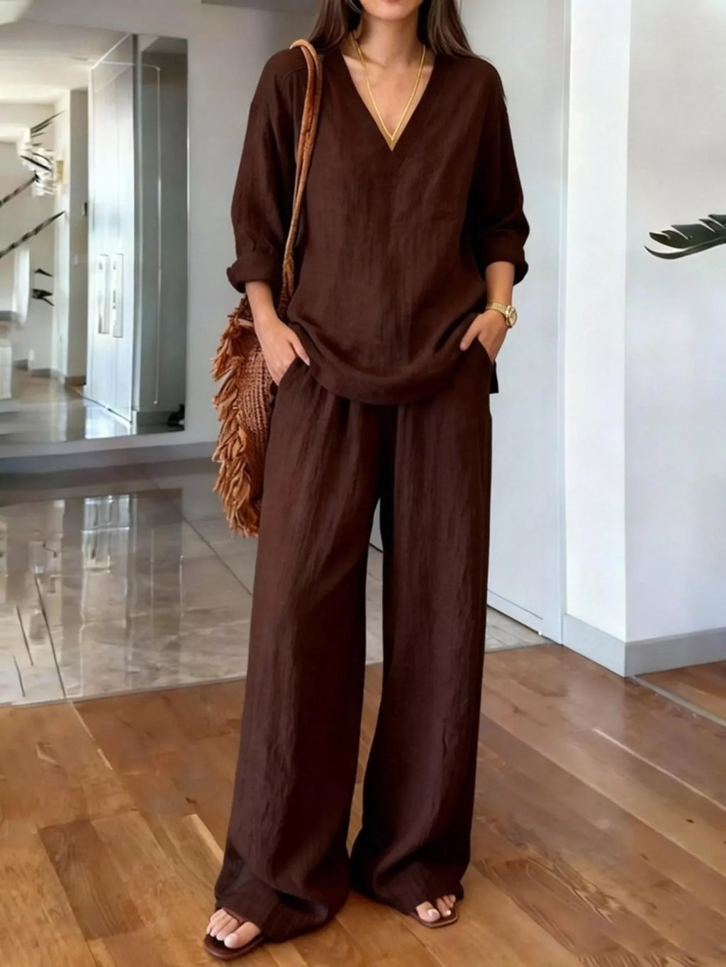 V-Neck Top and Wide-Leg Pants Set