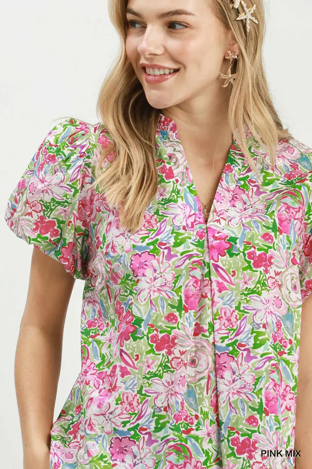 Umgee Floral Puff Sleeve Blouse