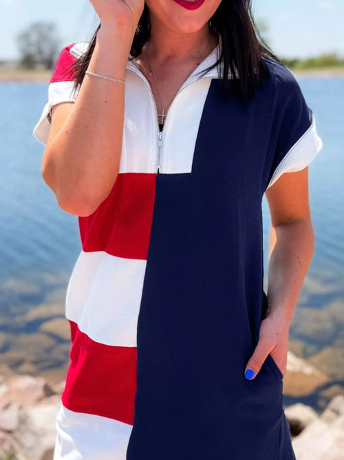 Americana Colorblock Stripes Zip up Collared T Shirt Mini Dress