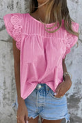 Lace Detail Flutter Sleeve Pleated Round Neck Blouse