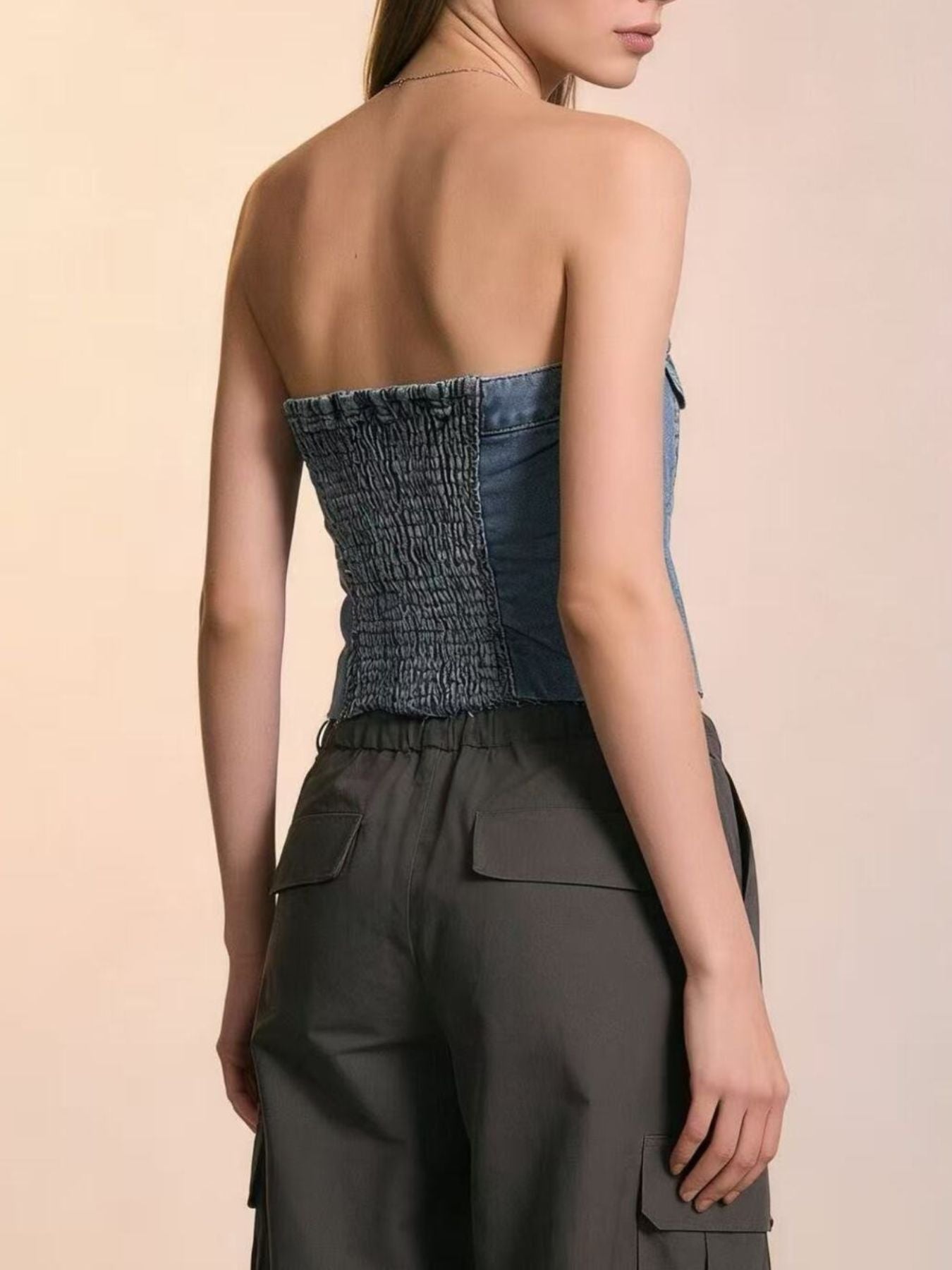 Button-Front Strapless Denim Top