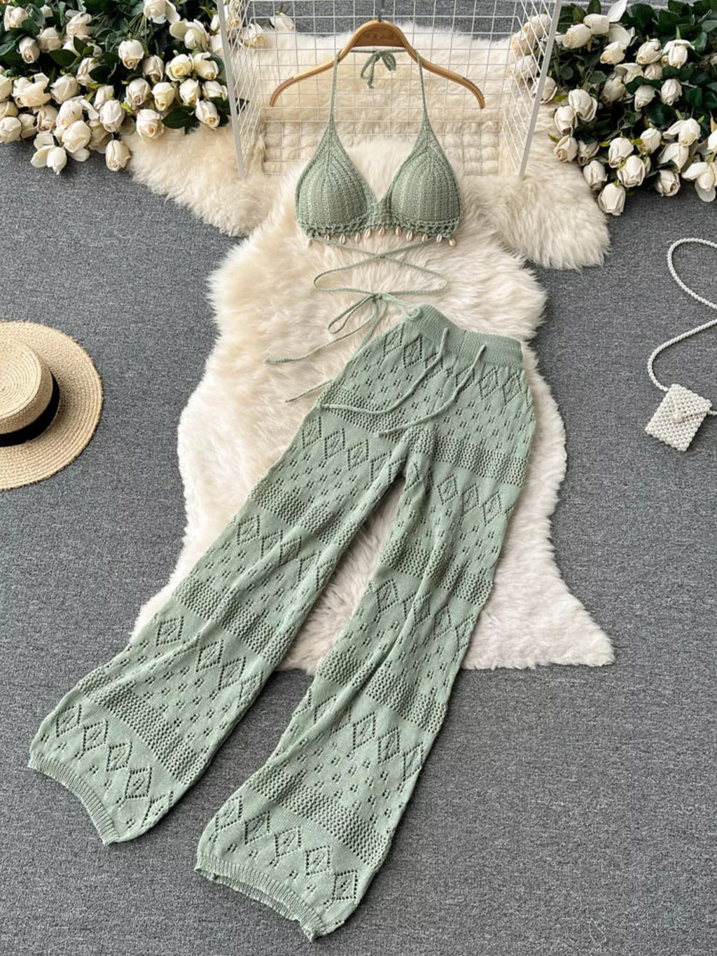 Crochet Knit Halter Neck Top and Wide Leg Pants Set