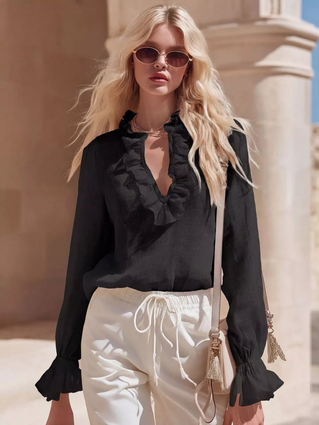 Ruffled V-Neck Long Sleeve Blouse