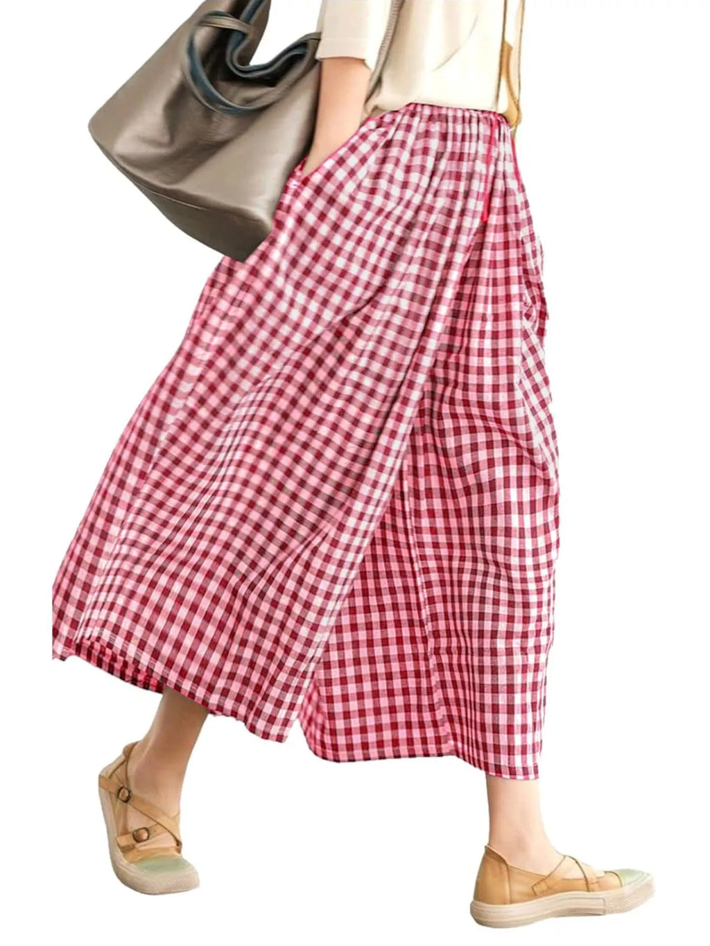 Gingham Wide-Leg Cropped Pants