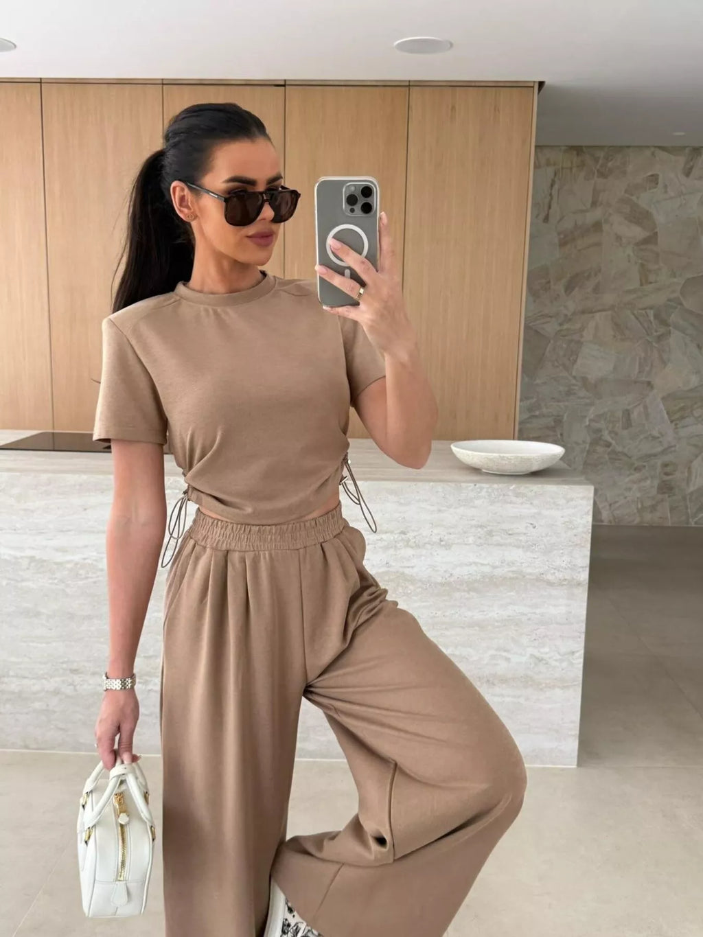 Drawstring Crop Top and Wide-Leg Pants Set