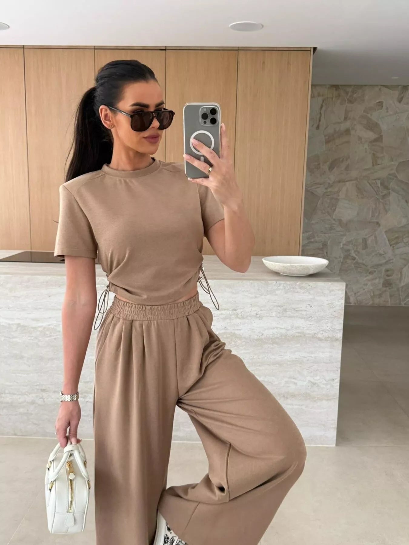 Drawstring Crop Top and Wide-Leg Pants Set