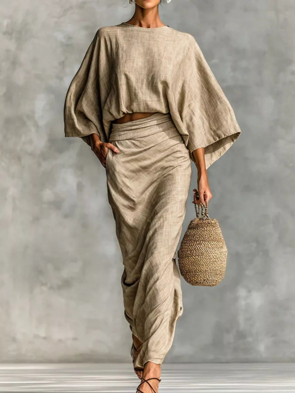 Full Size Kimono Sleeve Top and Ruched Skirt Set Plus Size